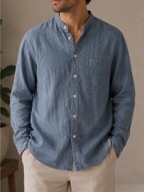 Uniqlo Chambray Blue Mandarin Collar Button-Down Shirt